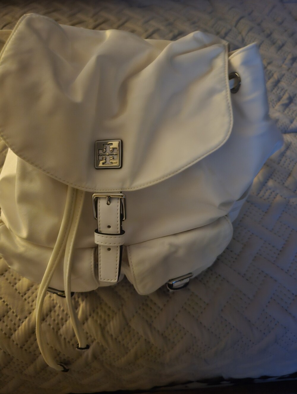 Tory Burch Women's White Nylon Backpack Purse - Soft Drawstring Flap